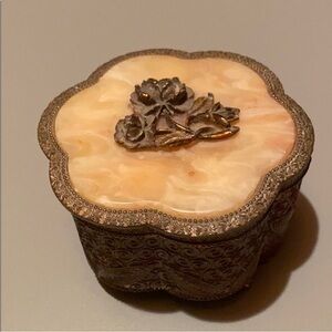 VINTAGE Japanese Jewelry Box Footed Floral Trinket Lined Metal Art Storage Box